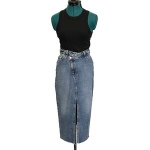 PacSun High Waisted Denim Midi Skirt Blue Asymmetrical Button Front Slit Size 25